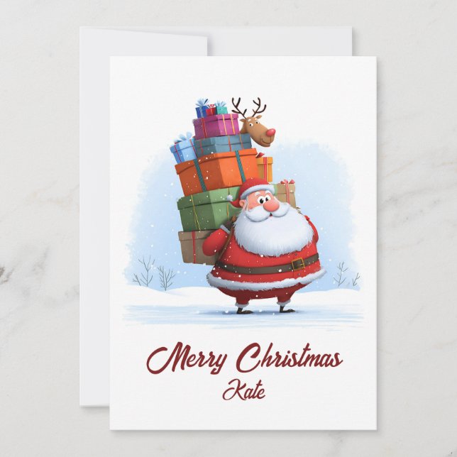 Traditional Christmas Santa Claus with Reindeer Holiday Card (Front)