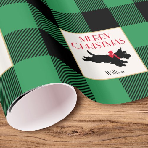 Traditional Christmas Scottie Dog Custom Green Wrapping Paper