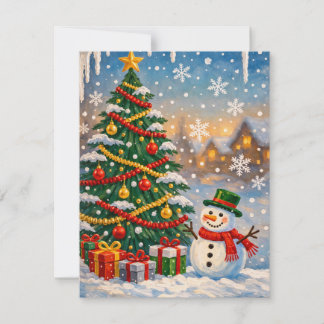 Traditional Christmas Tree and Snowman Holiday Car Note Card