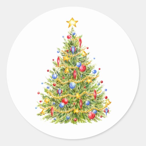 Traditional Christmas Tree Merry Round Stickers