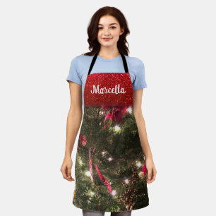 Traditional Christmas Tree Pattern Holiday Glitter Apron