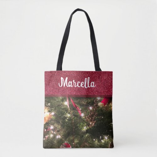 Traditional Christmas Tree Pattern Holiday Glitter Tote Bag