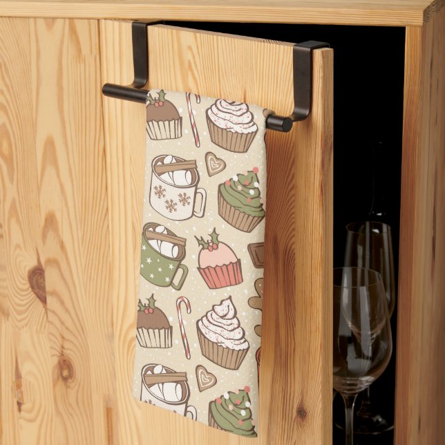 Traditional Christmas Vintage Hot Cocoa Cupcake Kitchen Towel (Thirds Fold)