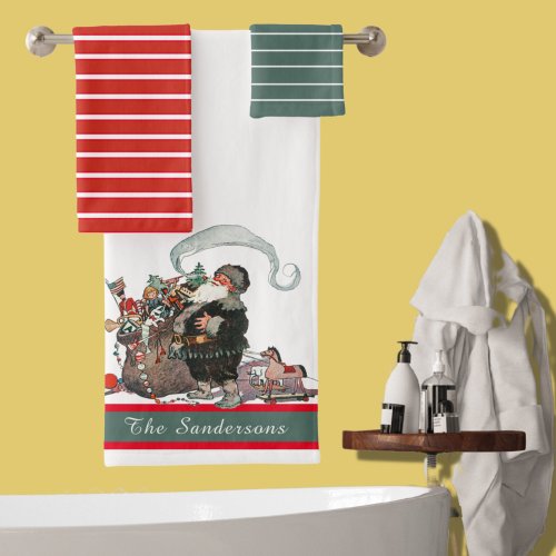  Traditional Christmas Vintage Old World  Santa Bath Towel Set