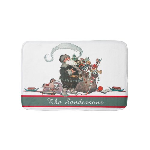 Traditional Christmas Vintage Santa Family Name  Bath Mat