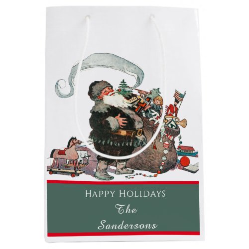 Traditional Christmas Vintage Santa Family Name Medium Gift Bag