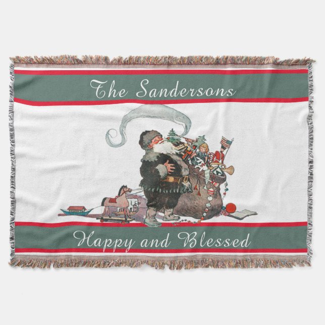 Traditional Christmas Vintage Santa Family Name Throw Blanket (Front)