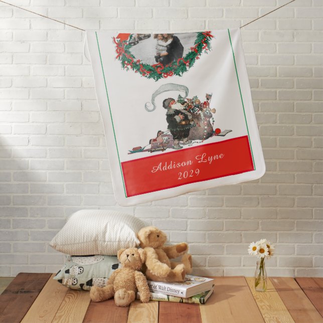 Traditional Christmas Vintage Santa Photo Holiday Baby Blanket (In Situ)