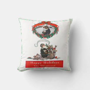Traditional Christmas Vintage Santa Photo Holiday Throw Pillow