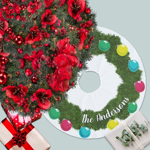 Traditional Christmas Wreath Baubles Monogram Brushed Polyester Tree Skirt