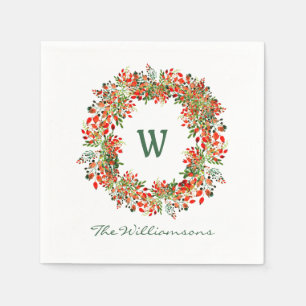 Traditional Christmas Wreath Monogram Name Holiday Napkins