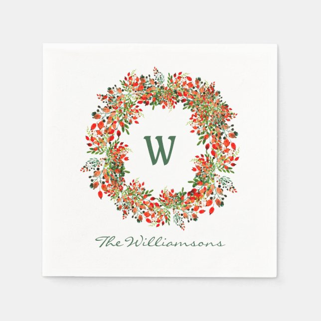 Traditional Christmas Wreath Monogram Name Holiday Napkins (Front)