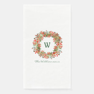 Traditional Christmas Wreath Monogram Name Holiday Paper Guest Towels
