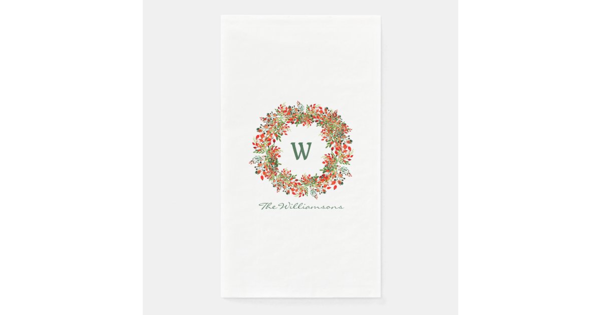 Traditional Christmas Wreath Monogram Name Holiday Paper Guest Towels