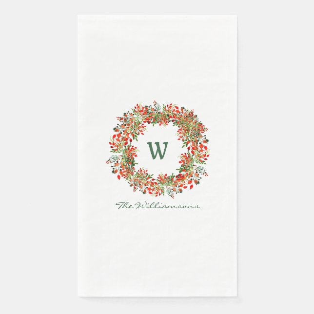 Traditional Christmas Wreath Monogram Name Holiday Paper Guest Towels (Front)