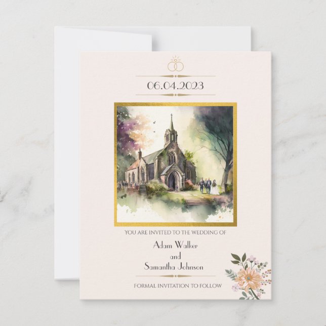 Traditional Church Gold Flower Save the Date (Front)