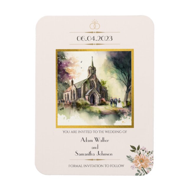 Traditional Church Gold Flower Save the Date Magnet (Vertical)