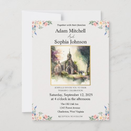 Traditional Church Watercolour Wedding Invite