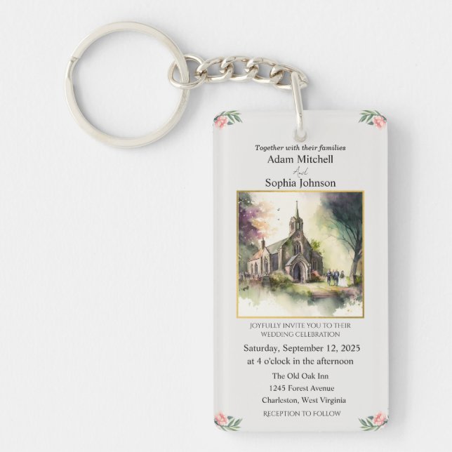 Traditional Church Watercolour Wedding Invite Keychain (Front)