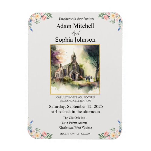 Traditional Church Watercolour Wedding Invite Magnet