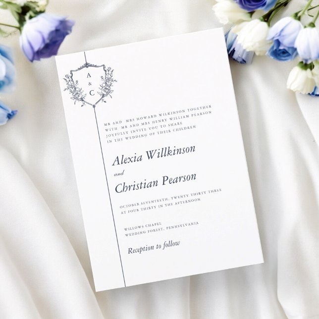  traditional classic  navy crest wedding invitation (traditional text elegant wedding invitation with modern crest )