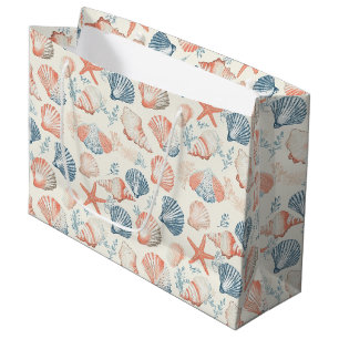 Traditional Coastal Seashell Blue Peach Ivory Large Gift Bag