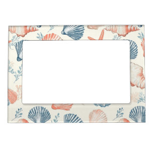 Traditional Coastal Seashell Blue Peach Ivory Magnetic Frame