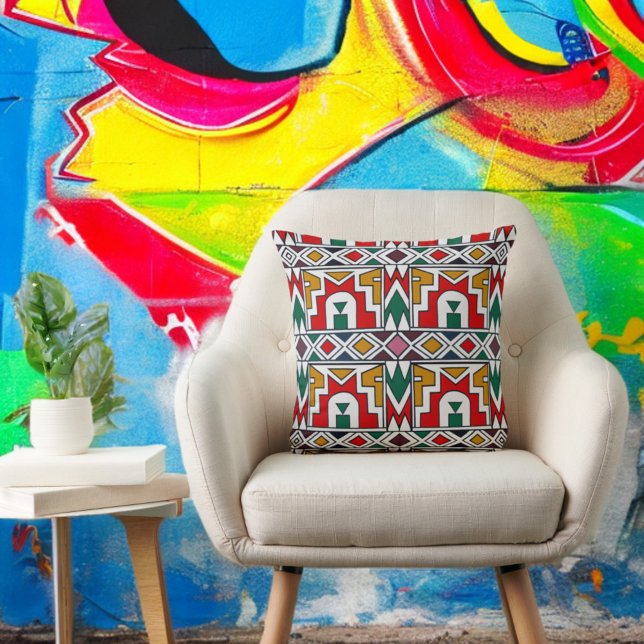 Traditional Colorful African Tribe Native Art  Throw Pillow (Traditional Colorful African Tribe Native Art Throw Pillow On A Chair Colorful Backdrop)