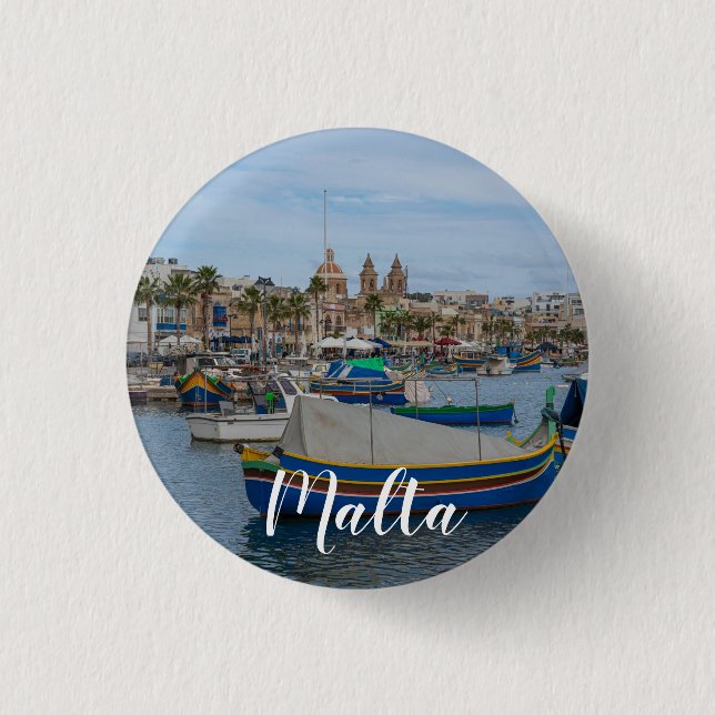 Traditional colorful fishing boats in Malta Button (Front)