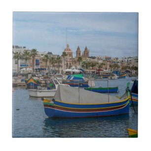 Traditional colorful fishing boats in Malta Ceramic Tile