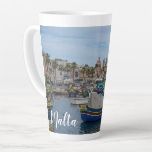 Traditional colorful fishing boats in Malta Latte Mug