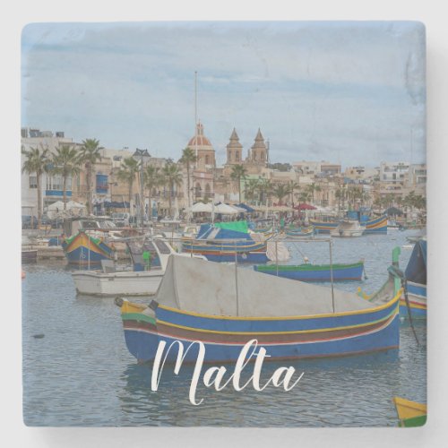 Traditional colorful fishing boats in Malta Stone Coaster