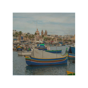 Traditional colorful fishing boats in Malta Wood Wall Art
