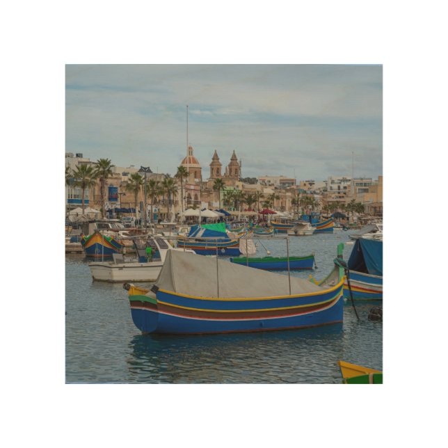 Traditional colorful fishing boats in Malta Wood Wall Art (Front)
