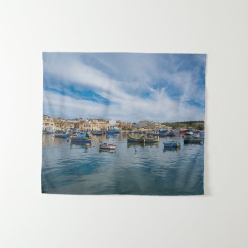 Traditional colorful fishing boats in the harbor tapestry