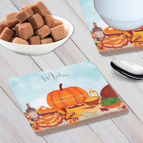 Traditional Colourful Thanksgiving Meals on Table Square Paper Coaster