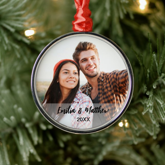 Traditional Custom Photo Couple's Christmas Metal Ornament (Tree)