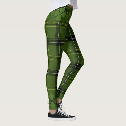 Traditional Dark_Green 4_Leaf Clover Tartan Leggings