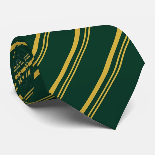 Traditional Dark Green and Gold Diagonal Stripes Neck Tie (Rolled)