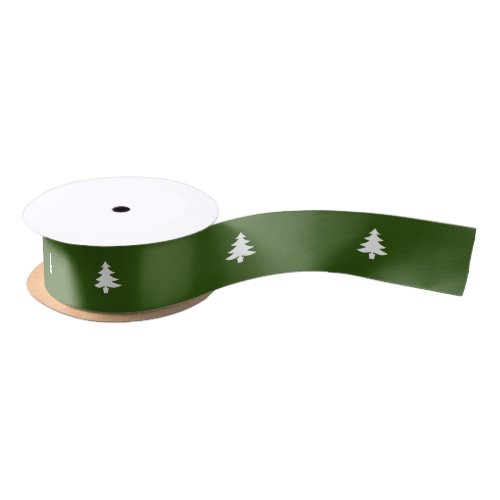 Traditional Dark Green and White Christmas Trees Satin Ribbon