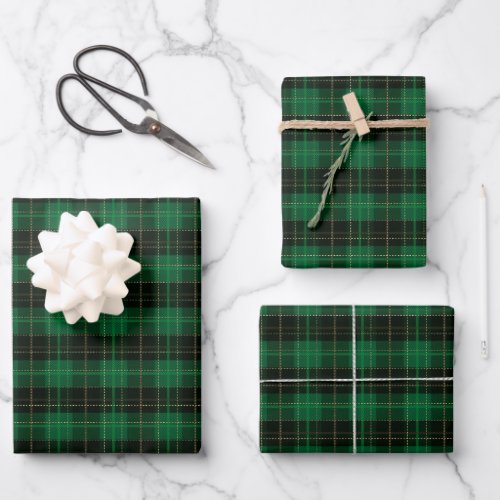 Traditional dark green gold tartan plaid pattern wrapping paper sheets