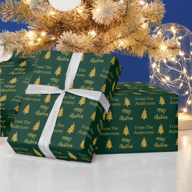 Traditional Dark Red Gold Merry Christmas Trees Wrapping Paper (Holidays)