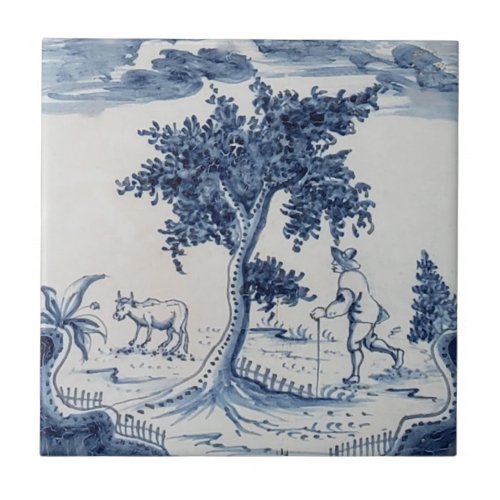 Traditional Delft Tile with Farmer and Cow_31