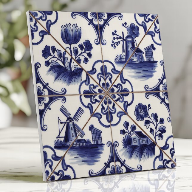 Traditional Delftware Blue Floral and Windmill Ceramic Tile (Creator Uploaded)