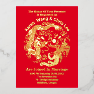 Traditional Dragon Phoenix Asian Chinese Wedding Foil Holiday Postcard