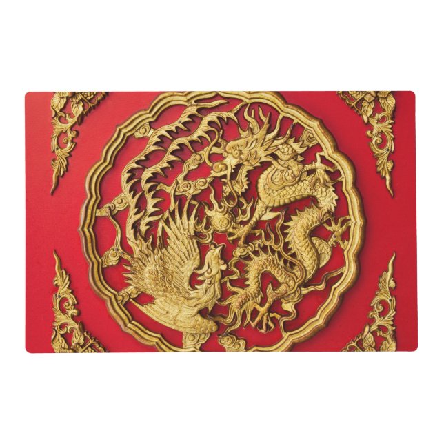 Traditional Dragon Phoenix Red Gold Asian Art  Placemat (Front)