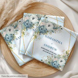 Traditional Dusty Blue and White Peonies Wedding Cloth Napkin