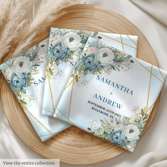 Traditional Dusty Blue and White Peonies Wedding   Cloth Napkin (Traditional Dusty Blue and White Peonies Wedding Cloth Napkins)