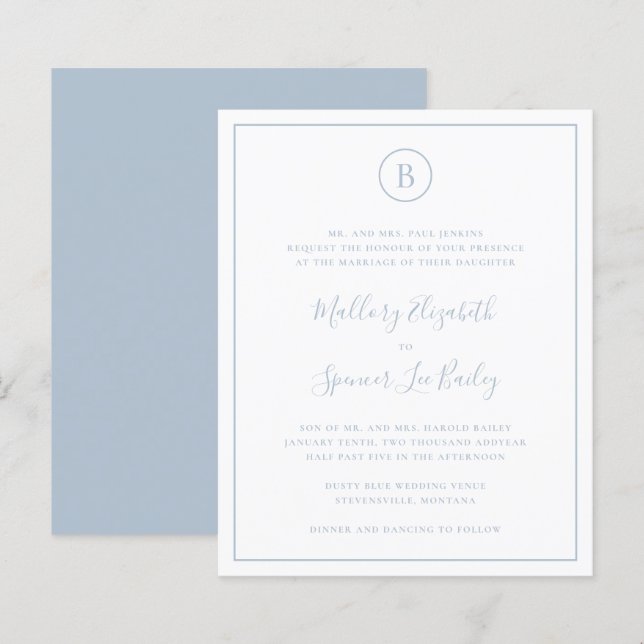 Traditional Dusty Blue Budget Wedding Invitation (Front/Back)