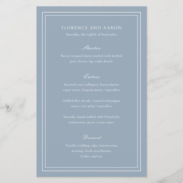 Traditional Dusty Blue Budget Wedding Menu Flyer (Front)